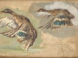 tableau représentant deux canards volant dans les airs, les ailes déployées