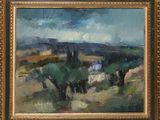 an oil painting of a landscape with cows grazing in a field