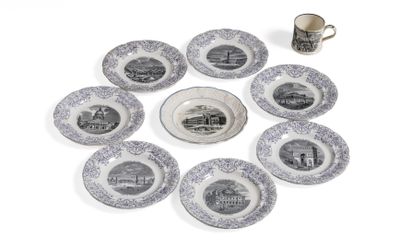 nine plates and a cup sitting on a table