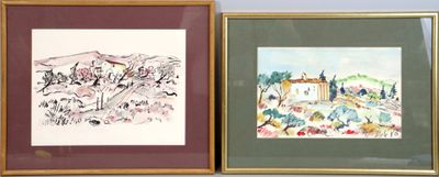 Ecole Moderne. Paysages. Deux aquarelles, encre et crayon.