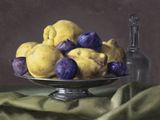 a painting of a bowl of plums and lemons on a table