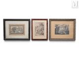 three framed pictures of a man and a woman in a boat