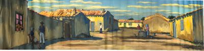 un tableau représentant une rue bordée de bâtiments de part et d'autre