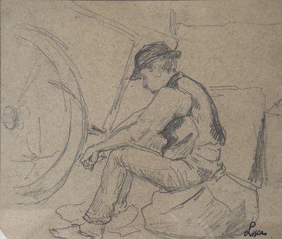 drawing of a man sitting in front of a wheel on a piece of paper