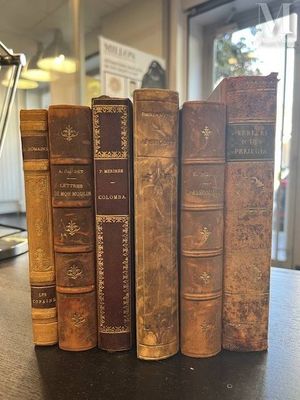 several old books are lined up on a desk in a library