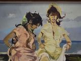a painting of two women sitting on a bench by the water