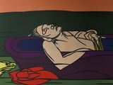 a cartoon of a man laying on a couch reading a book