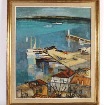 une peinture à l'huile d'une scène portuaire avec des bateaux dans l'eau