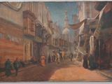 painting of a street scene with people walking down the street