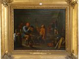 une peinture à l'huile représentant un groupe d'hommes jouant aux cartes dans une taverne