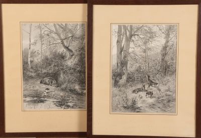 deux dessins en noir et blanc représentant des animaux dans une zone boisée