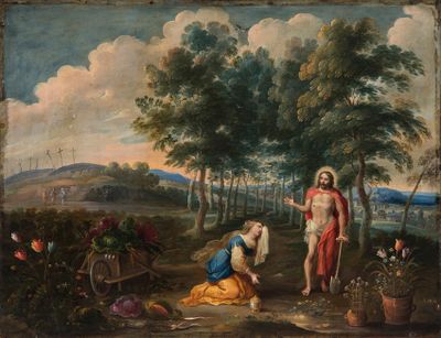 une image représentant un tableau où l'on voit une femme agenouillée à côté d'un homme