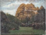 painting of a landscape with trees and bushes in the foreground