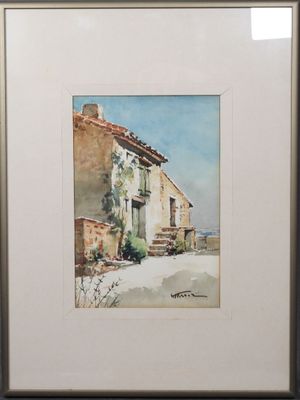 aquarelle encadrée représentant une maison avec un balcon et des balcons