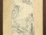 un vieux dessin représentant une femme et un homme dans un paysage