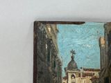 a painting on the wall of a building with a clock on it
