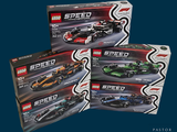 three boxes of lego speed cars on a blue background