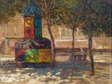 une peinture représentant un bâtiment coloré au milieu d'un parc