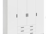 un gros plan d'une armoire blanche avec des tiroirs et encore des tiroirs