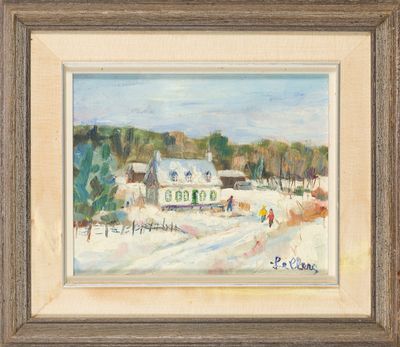 un tableau représentant un paysage enneigé avec une maison et des personnages dans la neige