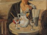 tableau représentant une femme assise à une table, avec des verres et des boissons devant elle
