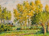 an image of a painting of a field with trees in the background