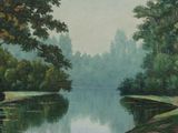 a painting of a river running through a forest