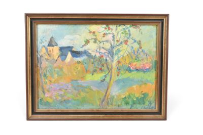 une peinture représentant une peinture d'une maison et d'arbres dans un champ