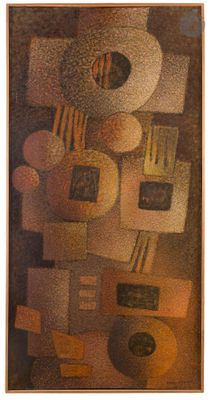 peinture représentant des formes et des couleurs abstraites sur un fond marron