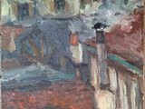 an oil painting of a black cat sitting on a ledge