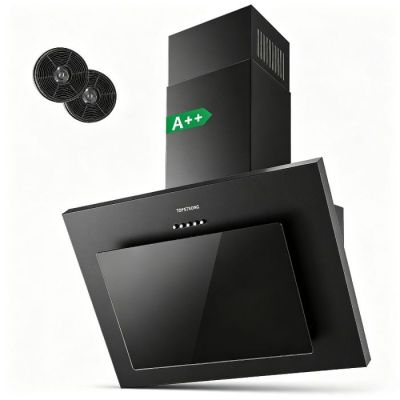 the black range hood is next to a fan on a white background