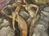 an oil painting of two nudes sitting on a rock with a sun in the background