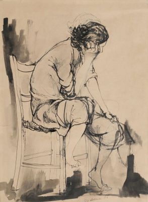 dessin représentant une femme assise sur une chaise, les jambes croisées