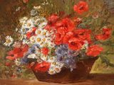 a painting of flowers in a vase on a table