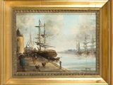 tableau représentant une scène portuaire avec des bateaux et des personnes marchant sur le quai