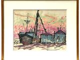 painting of a boat in a harbor with a pink sky in the background