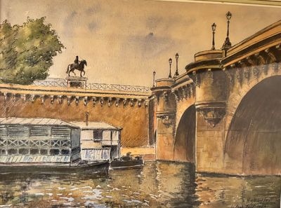 une peinture d'un bateau sur l'eau près d'un pont