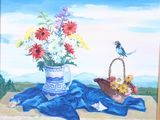a painting of flowers in a vase and a bird on a table