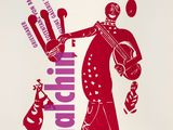 une affiche rouge et blanche représentant un homme tenant une guitare