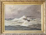 une peinture à l'huile représentant un bateau sur une mer agitée, avec un autre bateau en arrière-plan
