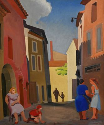 painting of a street scene with a woman and a child on the sidewalk