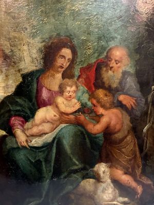 une image représentant un tableau d'une famille avec un chien et un chat