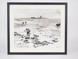 black and white drawing of a man on a beach with a boat in the background