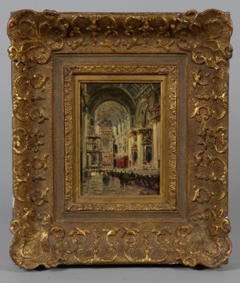 an oil painting of a church with a gold frame