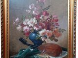 tableau représentant un vase de fleurs et un violon posés sur une table
