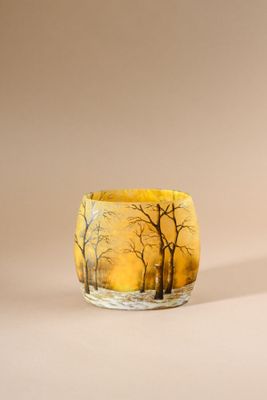 a close up of a small glass cup with trees on it