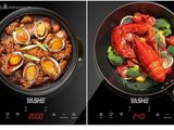 two pictures of lobsters and broccoli cooking in a pan