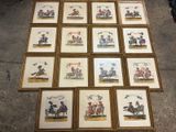 many framed pictures of horses and riders on the floor