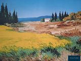 a painting of a field with a house in the distance