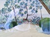 a watercolor painting of trees and bushes in a park